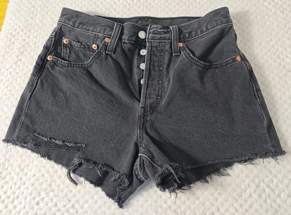 Levi's 501 Cut Off Shorts Women's W27 Black Denim Button Fly Raw Hem #0130